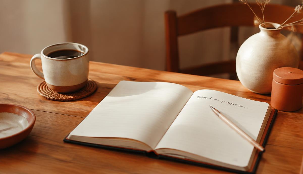 Caderno aberto sobre mesa de madeira com uma xícara de café