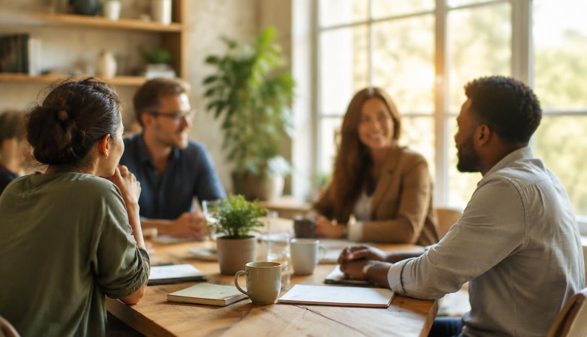 Pessoas conversando em volta de uma mesa em um ambiente de trabalho iluminado
