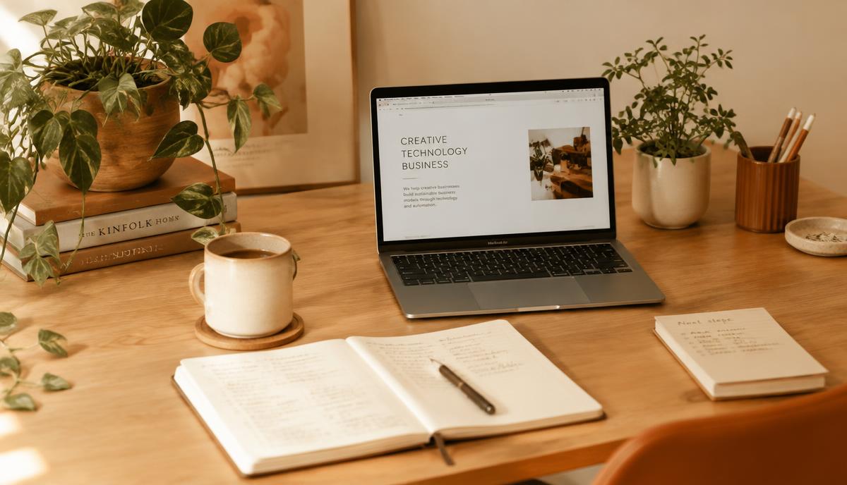 Mesa de trabalho organizada com notebook, plantas e anotações